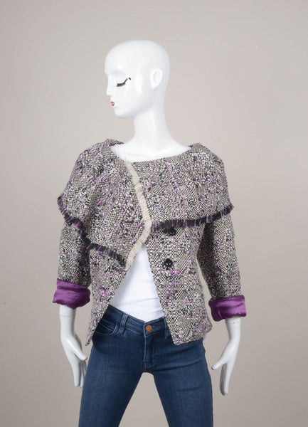 White and Purple Wool Woven Fringe Jacket