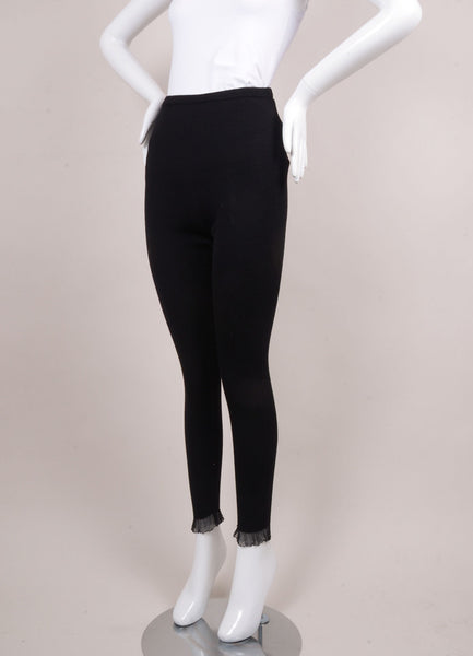 Black Wool and Silk Knit Leggings With Lace Trim