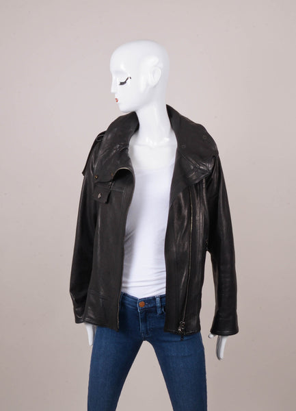 Black Funnel Collar Leather Jacket