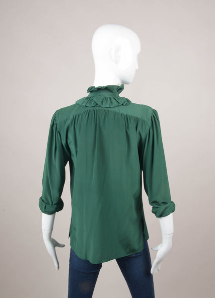 Green Ruffle Bib Long Sleeve Silk Blouse