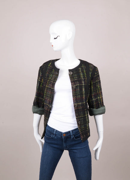 Black and Green Woven Detail Three Quarter Length Sleeve Jacket