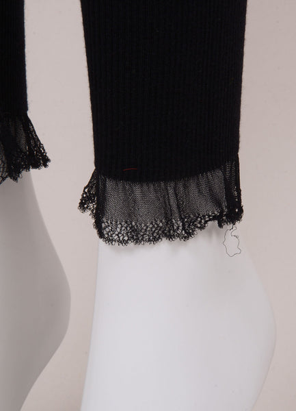 Black Wool and Silk Knit Leggings With Lace Trim