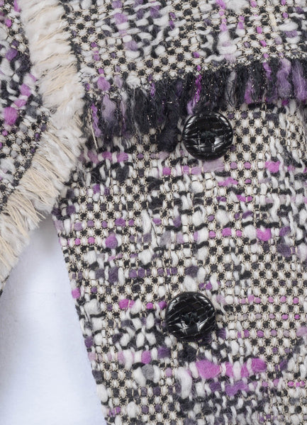 White and Purple Wool Woven Fringe Jacket