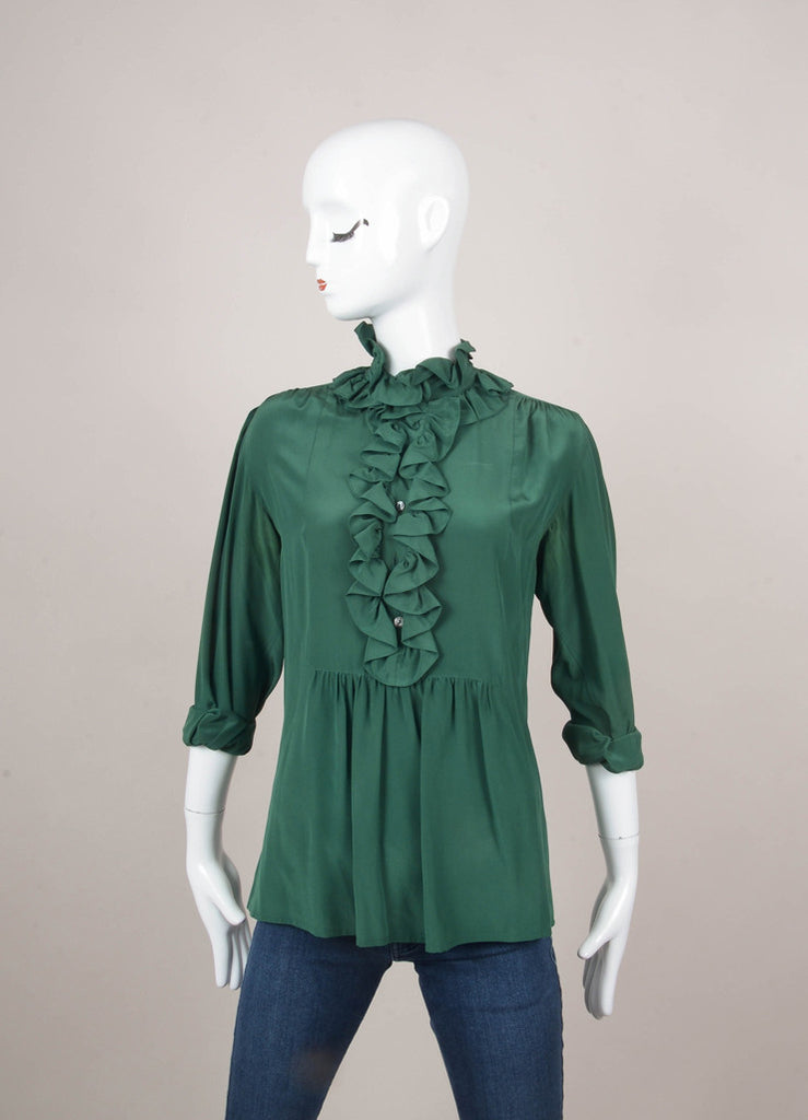 Green Ruffle Bib Long Sleeve Silk Blouse