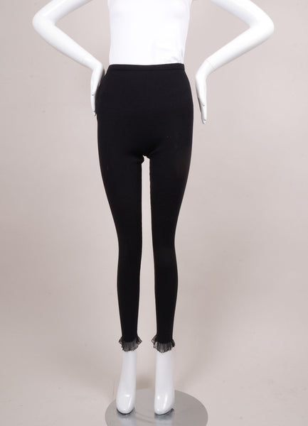 Black Wool and Silk Knit Leggings With Lace Trim