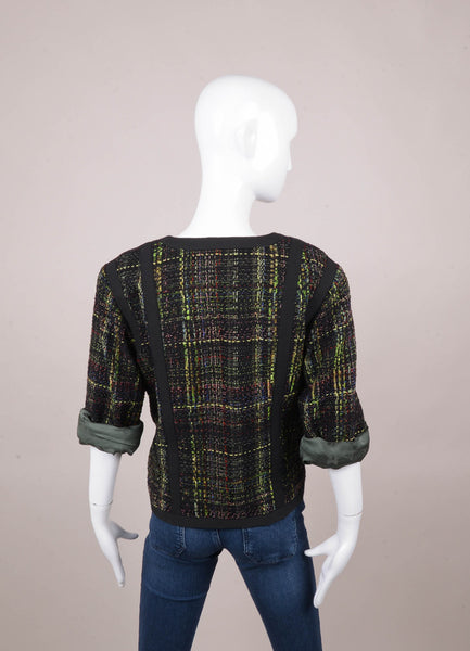 Black and Green Woven Detail Three Quarter Length Sleeve Jacket