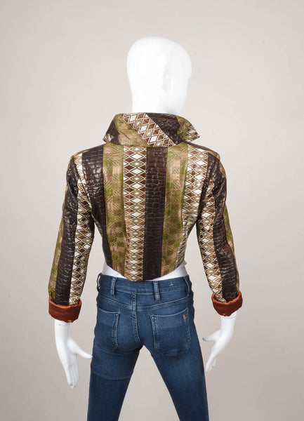 Green, Brown, and White Silk Printed Long Sleeve Cropped Jacket