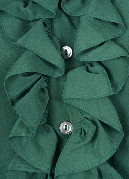 Green Ruffle Bib Long Sleeve Silk Blouse