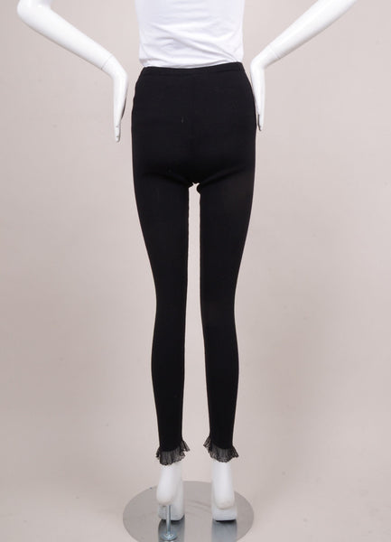 Black Wool and Silk Knit Leggings With Lace Trim