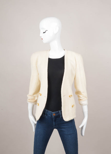 Cream Textured Wool Collarless Double Breasted Jacket