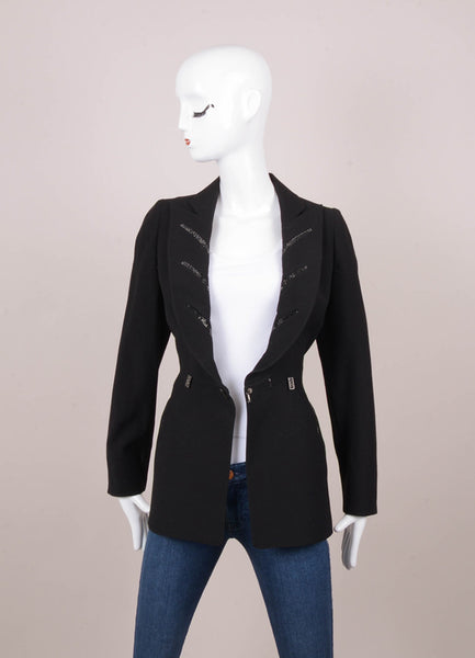 Black Rhinestone Trim Wool Blazer