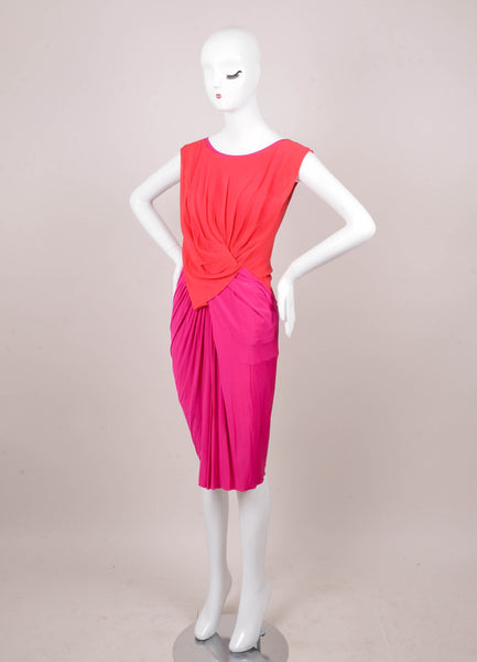 Red and Pink Silk Sleeveless Draped Dress