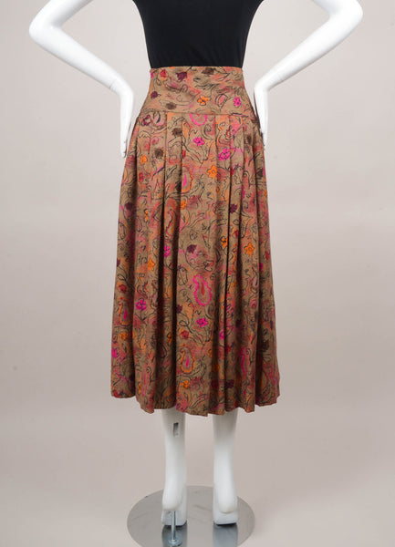 Green and Red Floral Print Wool and Silk Skirt