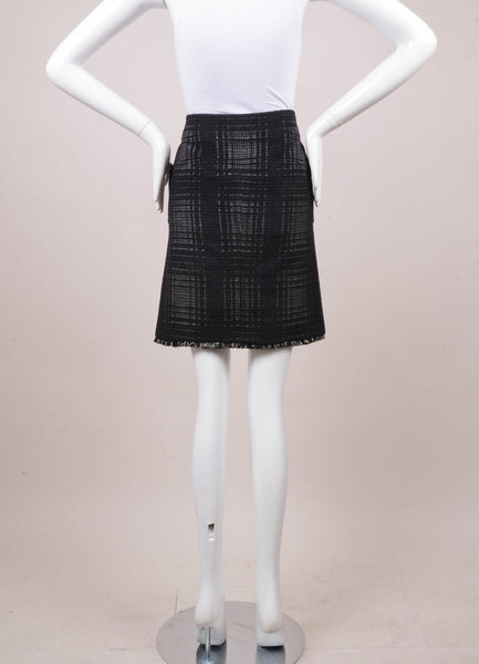 Black and Grey Plaid Wool Blend Zippered Pencil Skirt