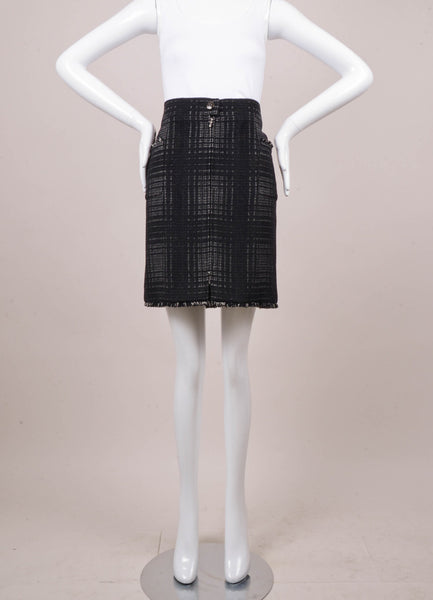 Black and Grey Plaid Wool Blend Zippered Pencil Skirt