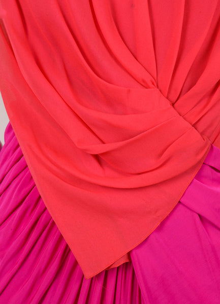 Red and Pink Silk Sleeveless Draped Dress