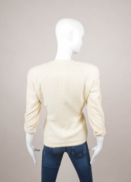 Cream Textured Wool Collarless Double Breasted Jacket