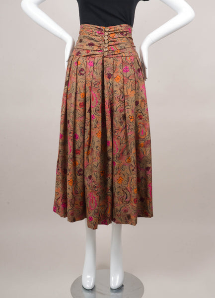 Green and Red Floral Print Wool and Silk Skirt