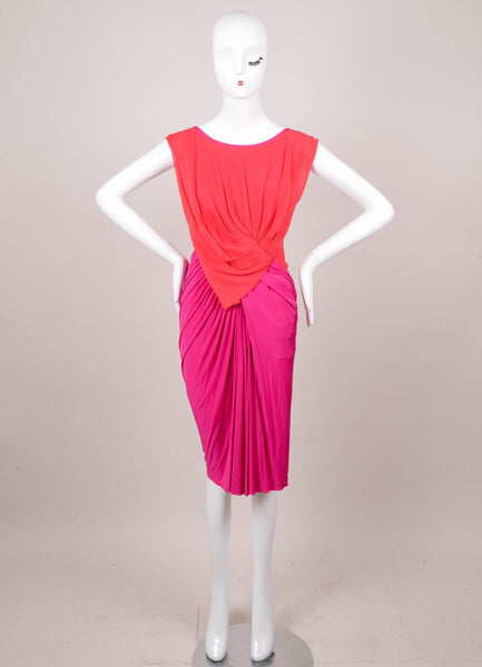 Red and Pink Silk Sleeveless Draped Dress