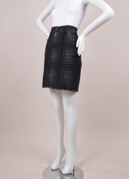 Black and Grey Plaid Wool Blend Zippered Pencil Skirt