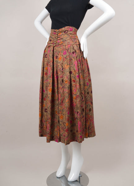 Green and Red Floral Print Wool and Silk Skirt