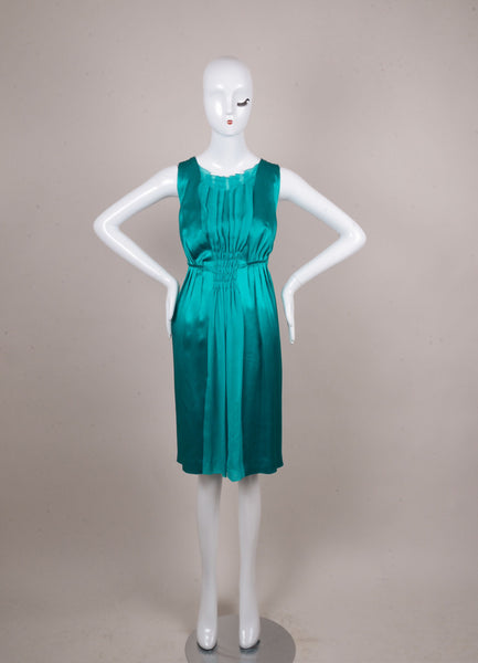 Teal Pleated and Smocked Sleeveless Silk Dress