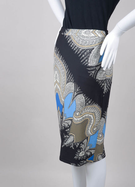 New With Tags Black, Blue, and Cream Paisley Pencil Skirt