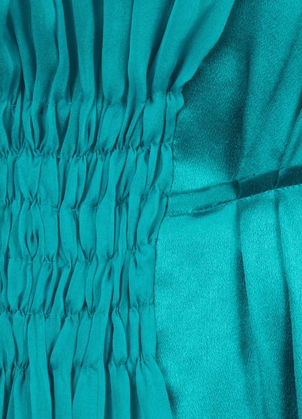 Teal Pleated and Smocked Sleeveless Silk Dress