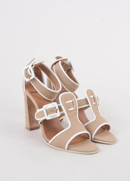 New In Box Tan and White Linen Stacked Sandal Heels