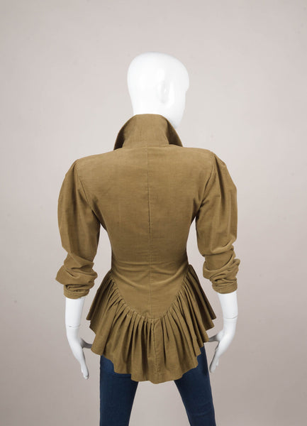 Olive Green Corduroy Pleated Peplum Long Sleeve Top