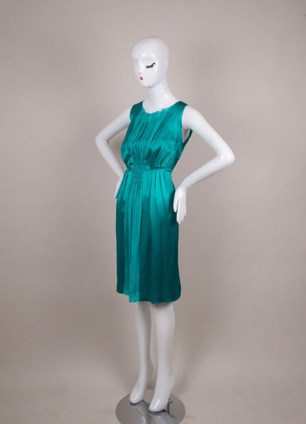 Teal Pleated and Smocked Sleeveless Silk Dress