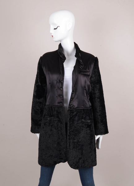 Black Lightly Padded Faux Fur and Satin Buttoned Coat