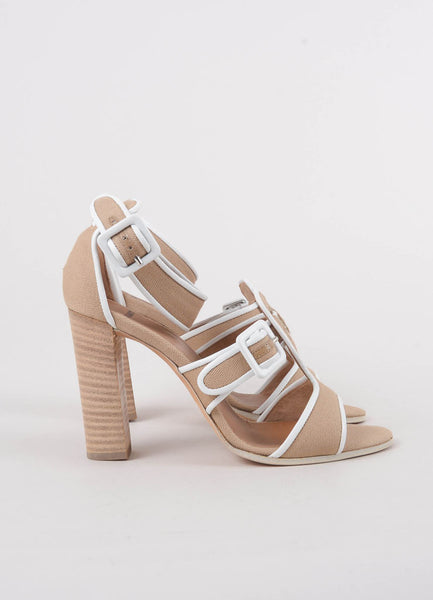 New In Box Tan and White Linen Stacked Sandal Heels