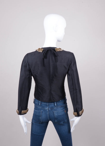 Black Lightweight Woven Wool and Silk Jacket With Bead and Sequin Embellished Trim