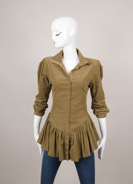 Olive Green Corduroy Pleated Peplum Long Sleeve Top