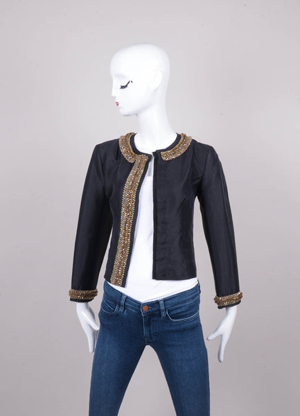 Black Lightweight Woven Wool and Silk Jacket With Bead and Sequin Embellished Trim