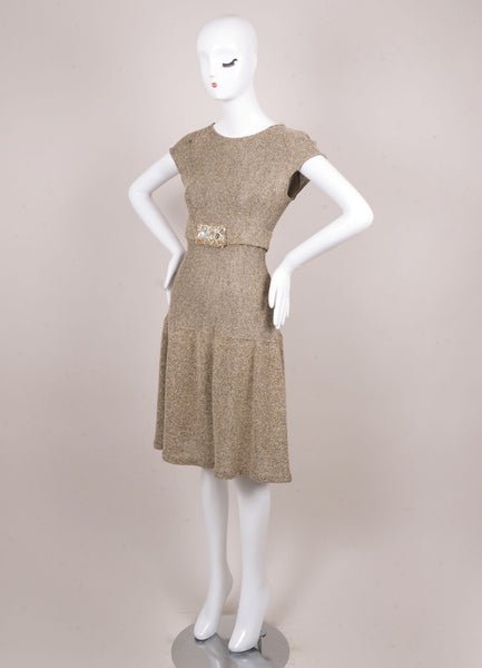 Black and Brown Silk and Wool Tweed Cap Sleeve Dress