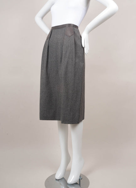 Grey Leather Trim Wool Pencil Skirt