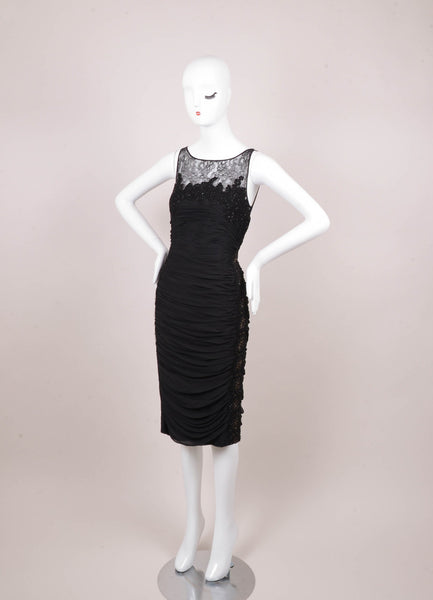 Black Sleeveless Silk Beaded Lace Inset Ruched Dress