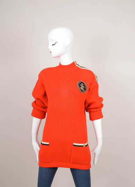 Red, Black, and Cream Ribbed Knit "CC" Crown Patch Sweater and Skirt Set