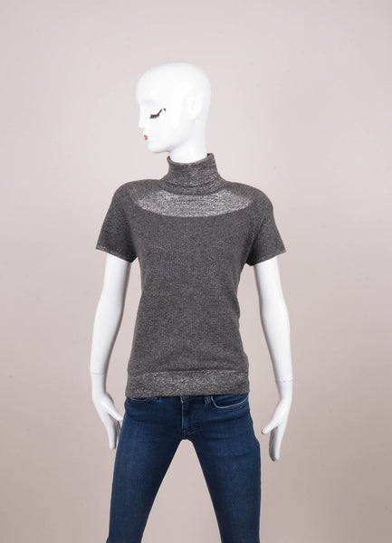 Grey and Silver Metallic Knit Turtleneck Sweater