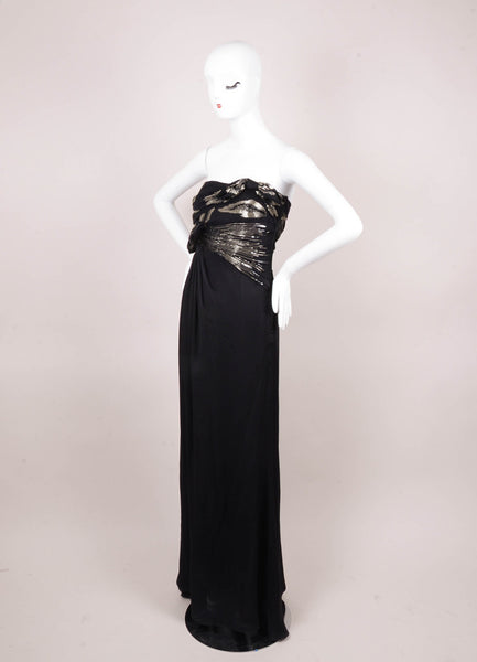 Black Beaded Bow Detail Long Silk Strapless Evening Gown