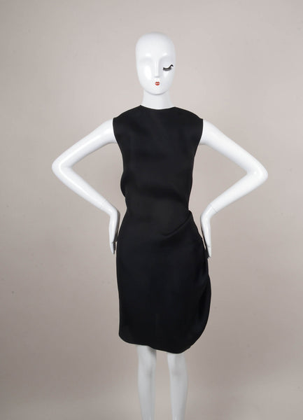 Black Sleeveless Asymmetric Pleat Exposed Zip Silk Shift Dress