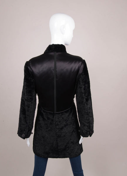 Black Lightly Padded Faux Fur and Satin Buttoned Coat