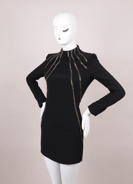 New Black and Silver Long Sleeve Chain Embellished Dress