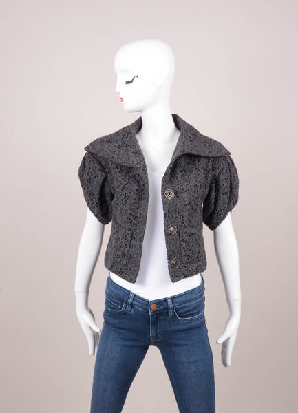 Dark Grey Cropped Crochet Lace Tulip Sleeve Jacket