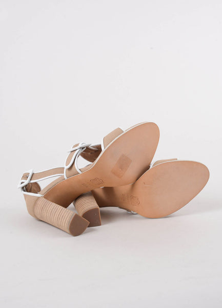 New In Box Tan and White Linen Stacked Sandal Heels