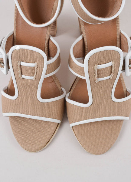 New In Box Tan and White Linen Stacked Sandal Heels