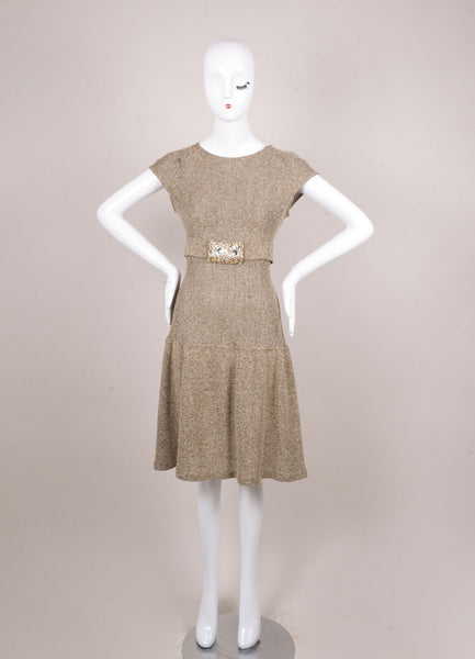 Black and Brown Silk and Wool Tweed Cap Sleeve Dress