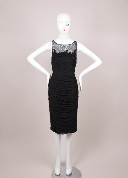 Black Sleeveless Silk Beaded Lace Inset Ruched Dress